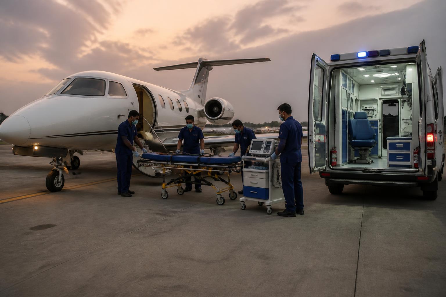 Indian medical team preparing a stretcher between a ground ambulance and a medically configured aircraft.