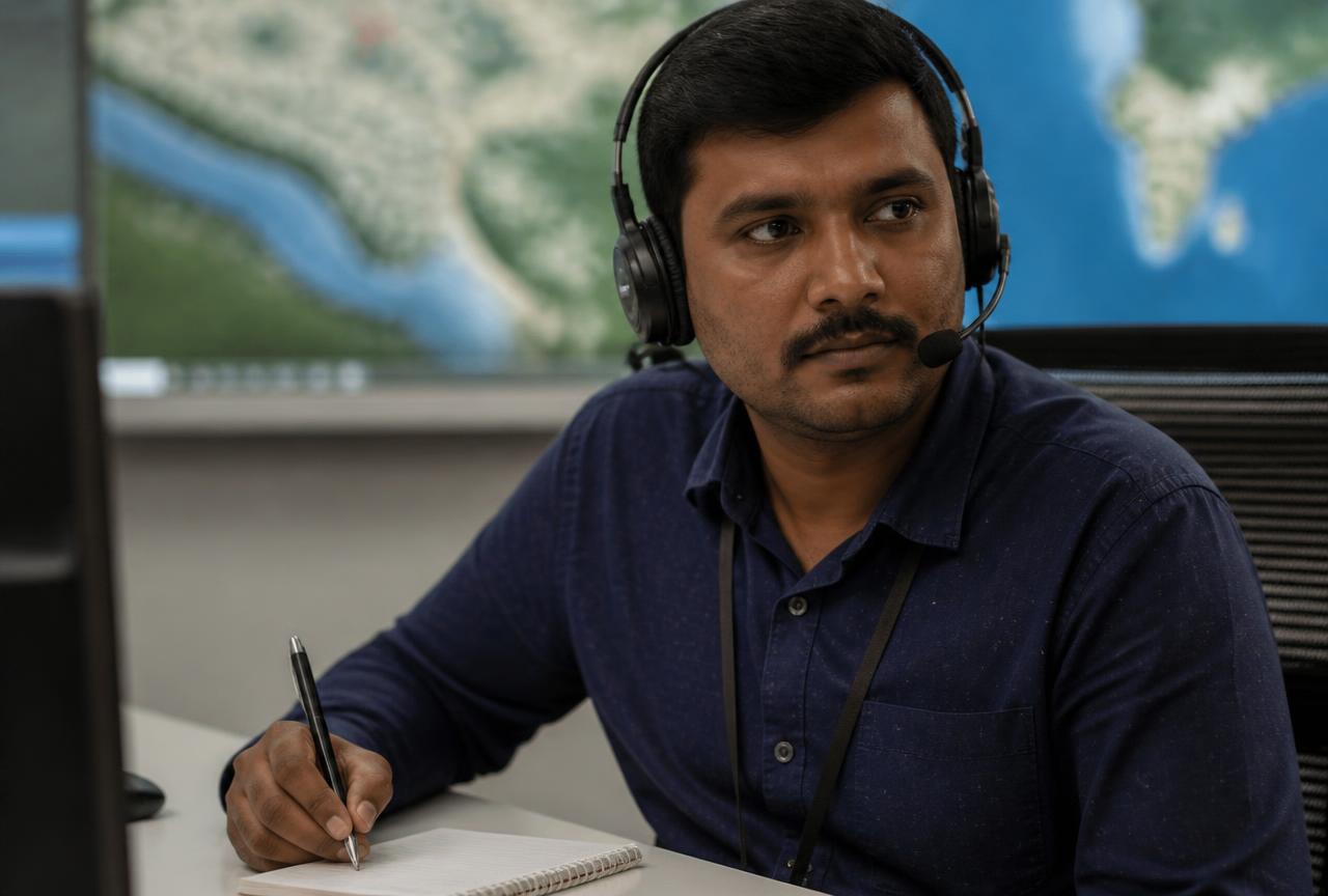 Coordinator wearing a headset taking an ambulance enquiry at a coordination desk in India.