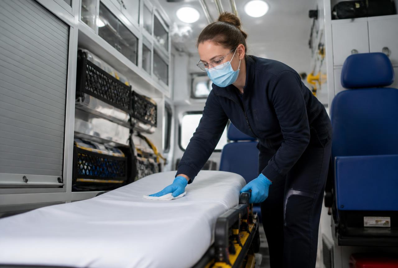 Attendant in gloves and mask disinfecting an ambulance stretcher between journeys.