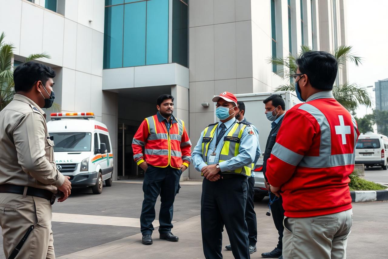 Workplace safety and first-aid team briefing near an office entrance with an ambulance access lane.