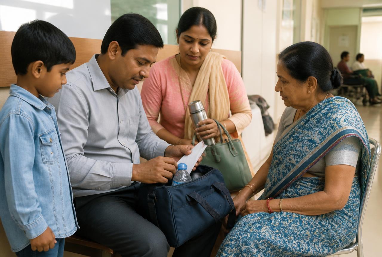 Indian family preparing a small bag of essentials in a hospital waiting area before a transfer.