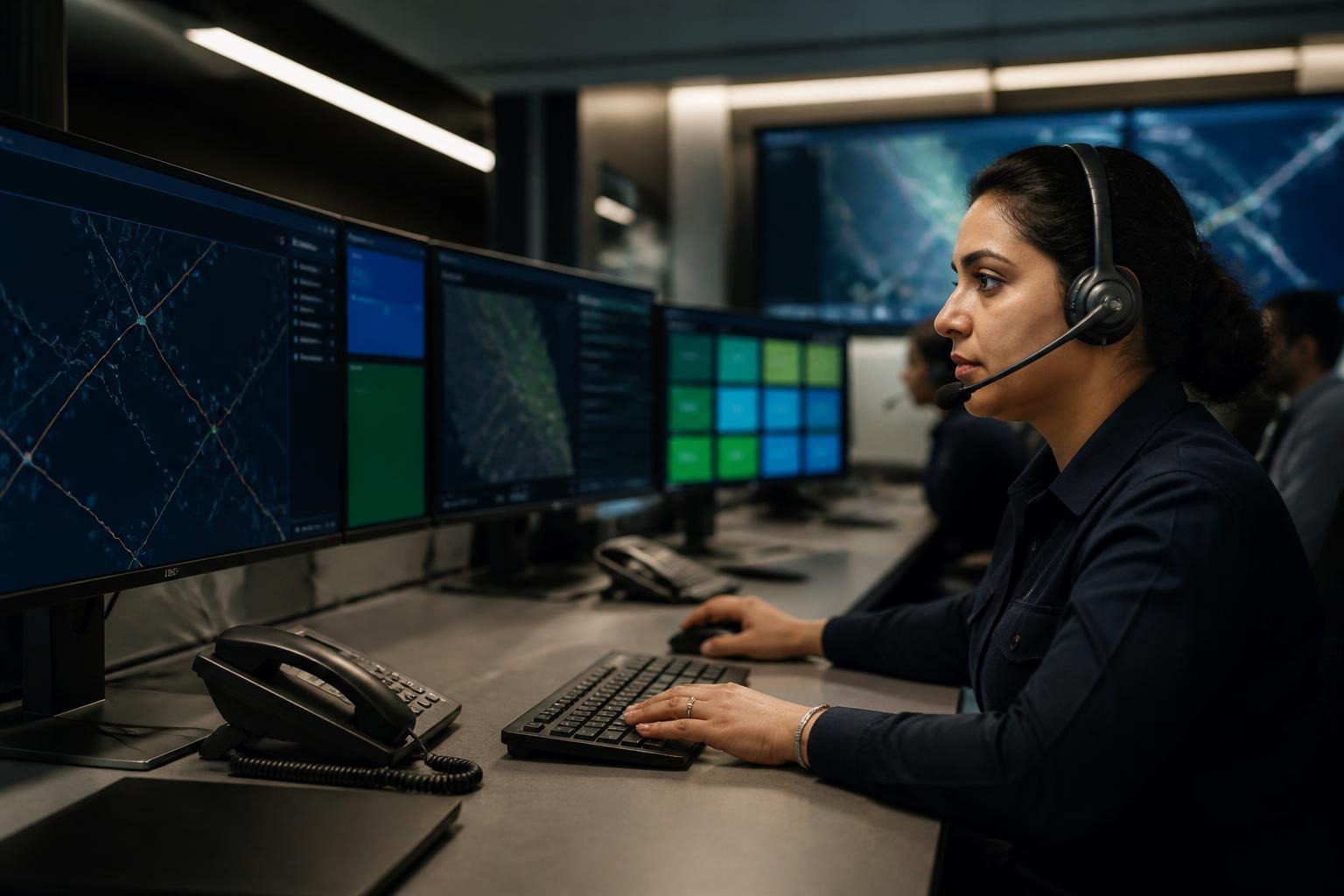 Indian emergency coordinator with a headset monitoring route and vehicle availability screens.