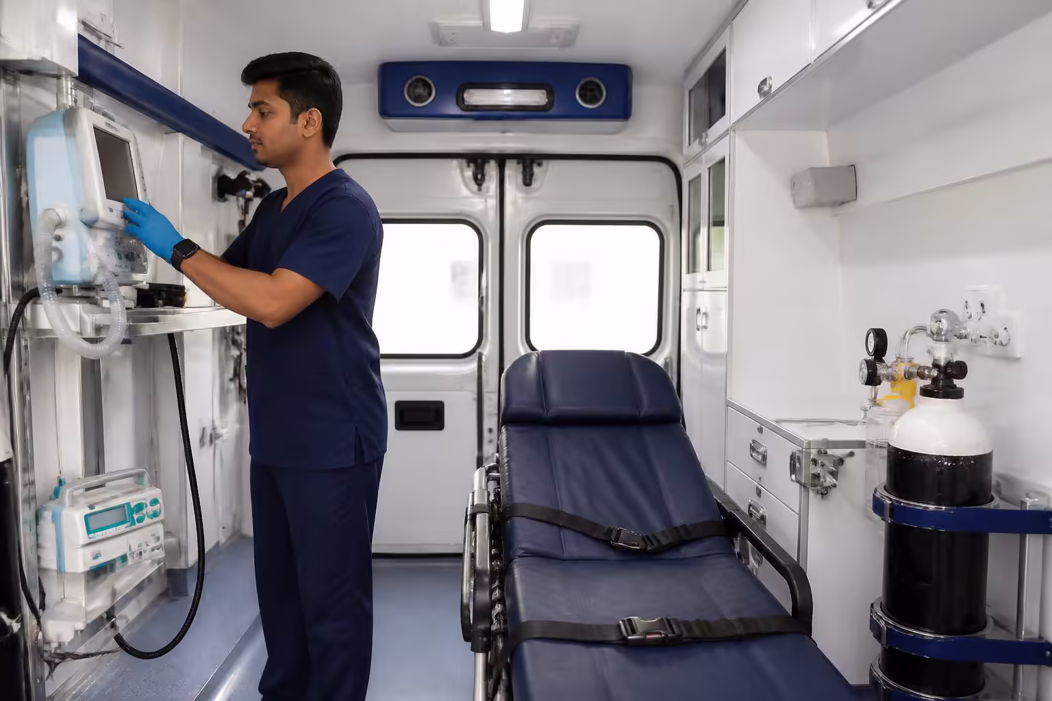 Indian critical-care professional checking a monitor inside a ventilator-equipped ambulance.