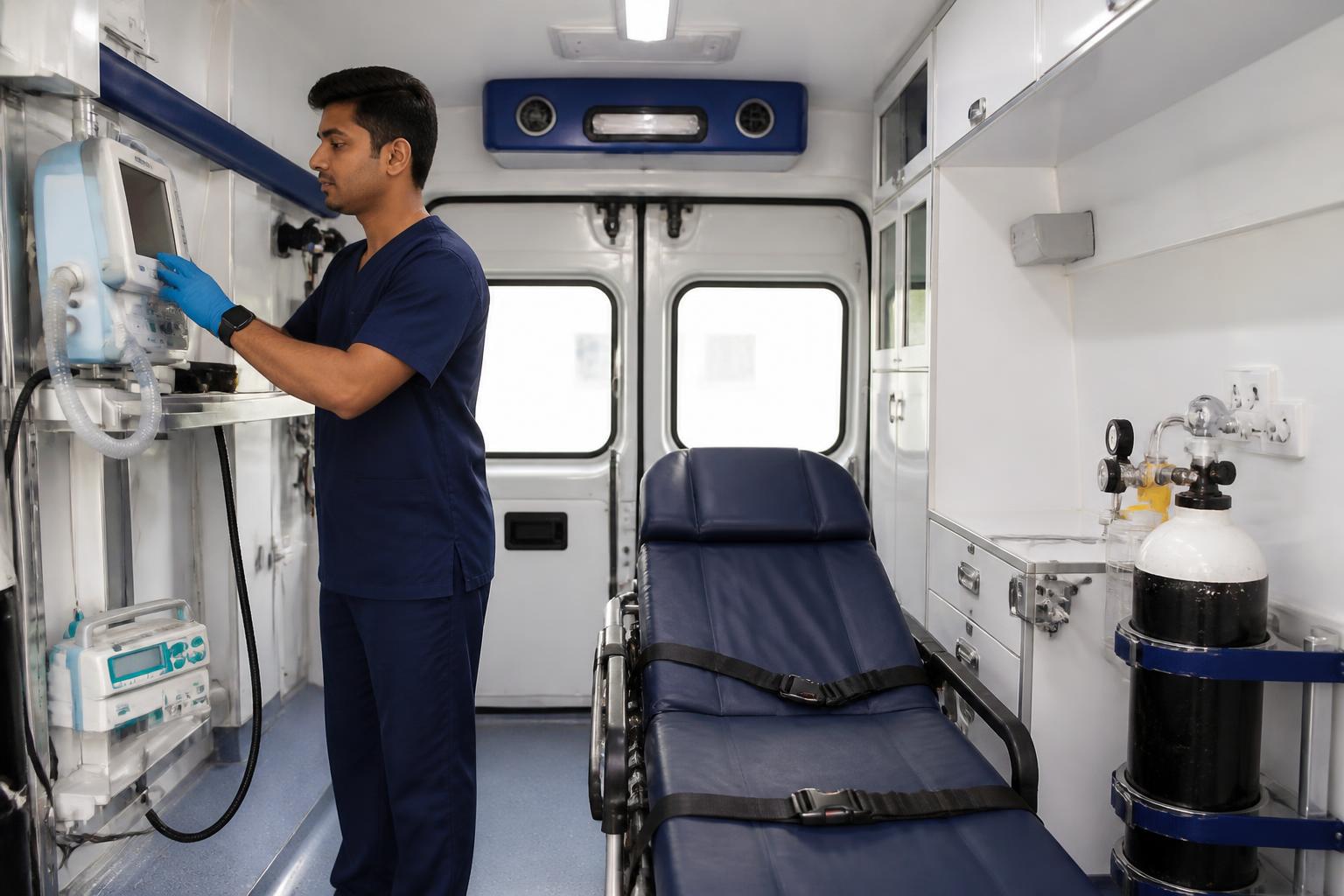 Indian critical-care professional checking a monitor inside a ventilator-equipped ambulance.