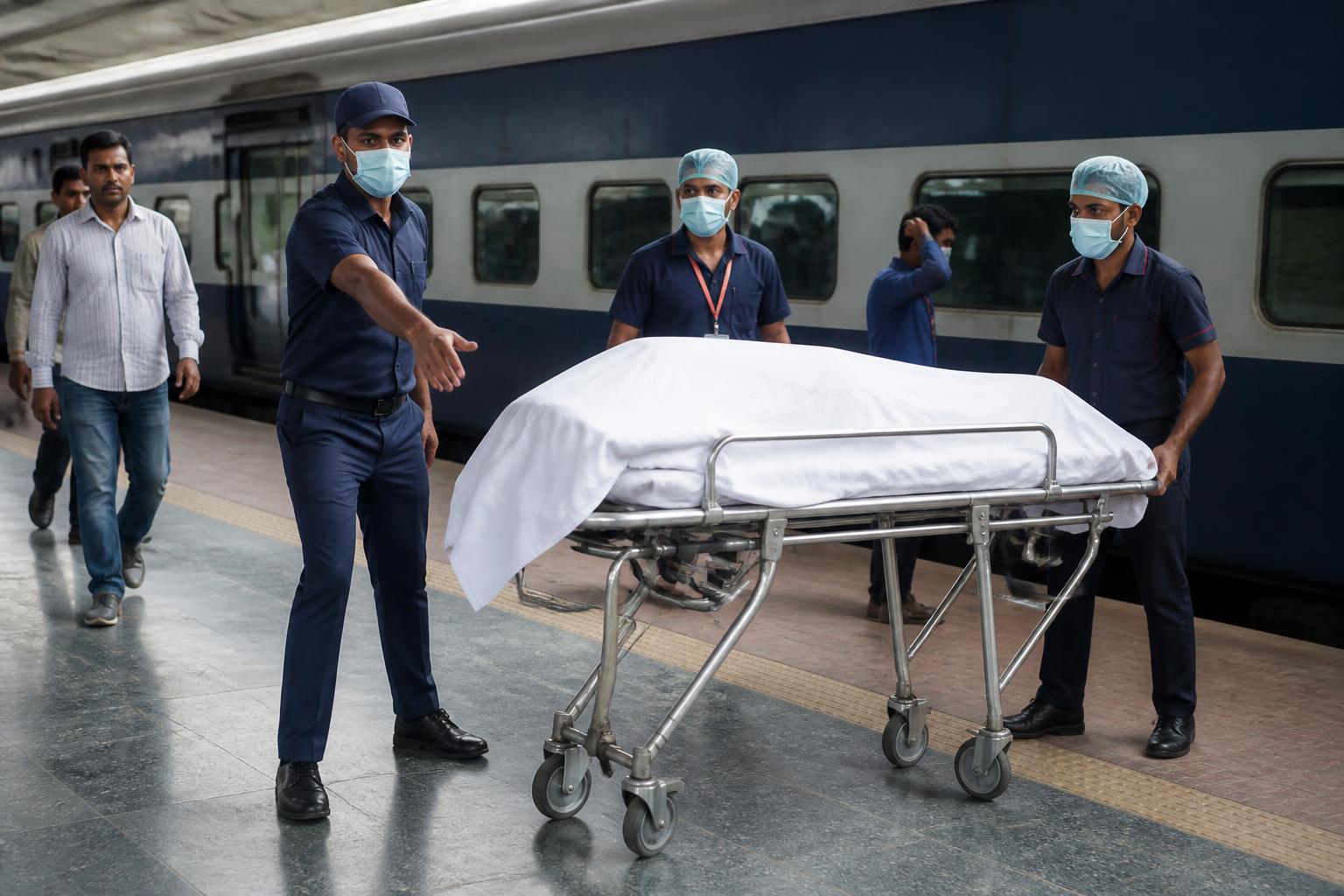 Medical escort team moving a covered stretcher along an Indian railway platform.