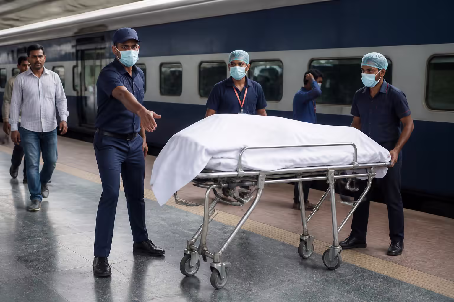 Medical escort team moving a covered stretcher along an Indian railway platform.