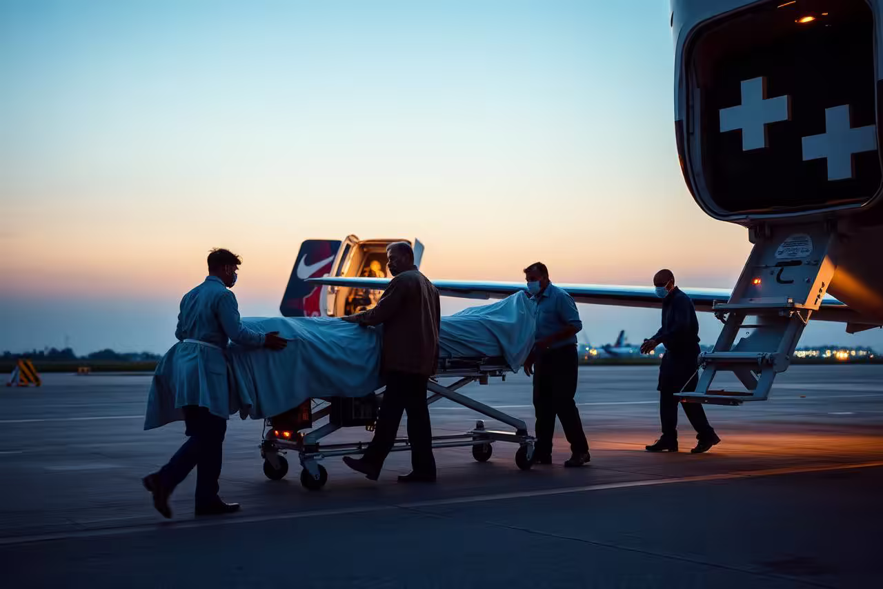 Clinical team moving a covered patient from a ground ambulance towards an aircraft.
