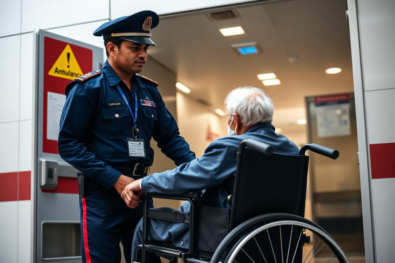 Indian attendant assisting a stable patient in a wheelchair during a hospital discharge.