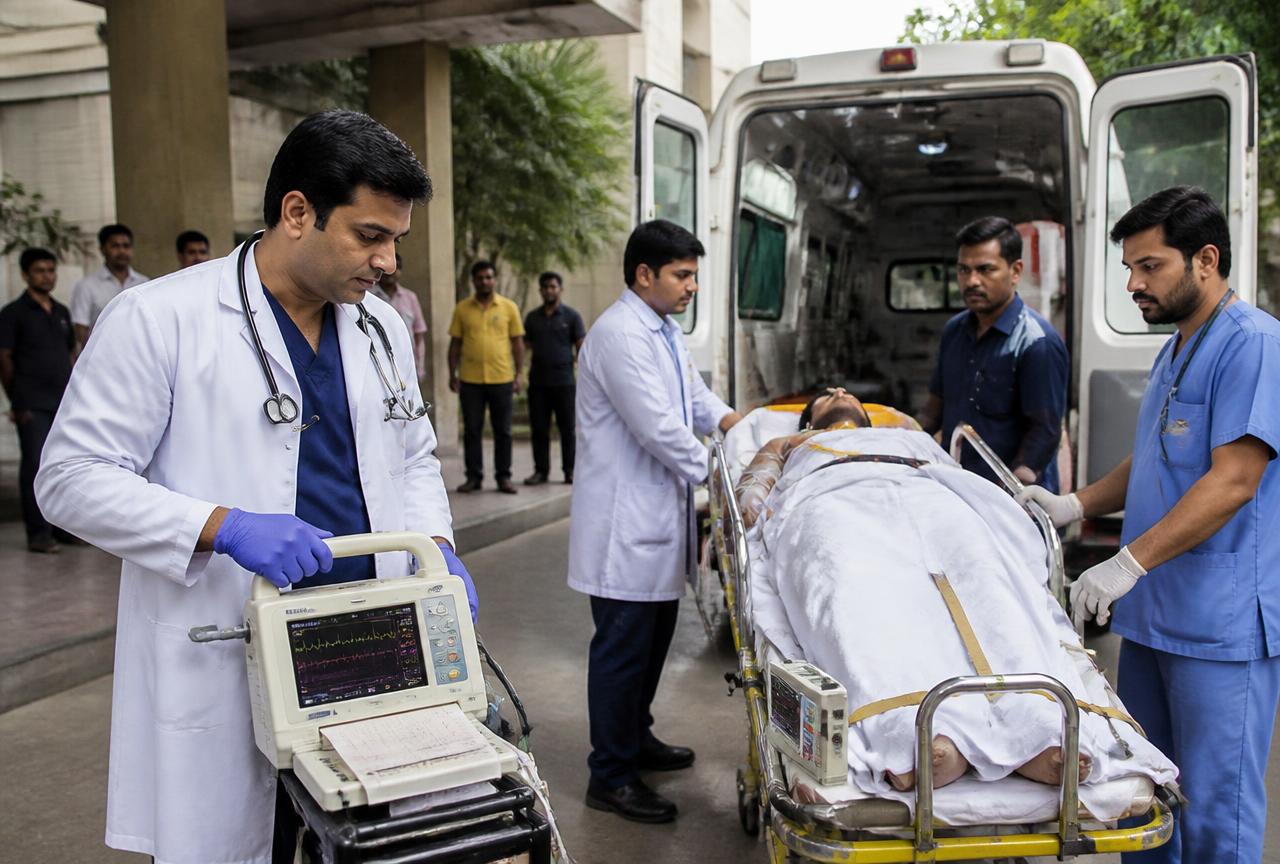 Indian cardiac-care team with an ECG machine and defibrillator moving a patient into a cardiac ambulance at a hospital.