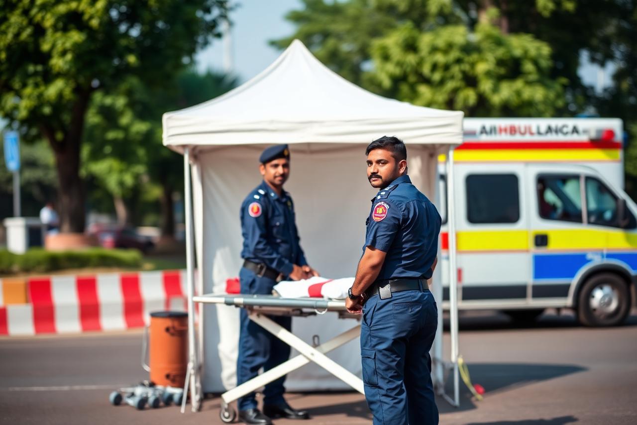 Medical response post staffed by trained responders at an Indian workplace event.
