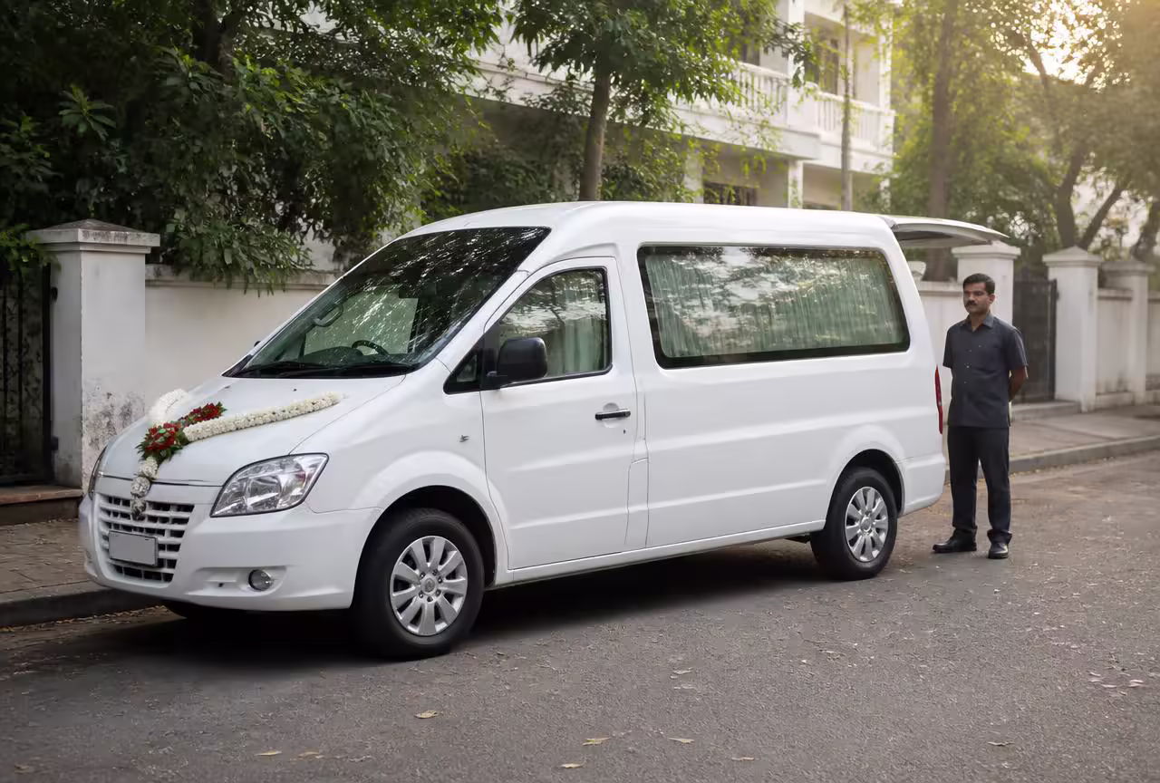 White hearse van with a floral garland waiting on a quiet Indian residential street with an attendant standing respectfully beside it.