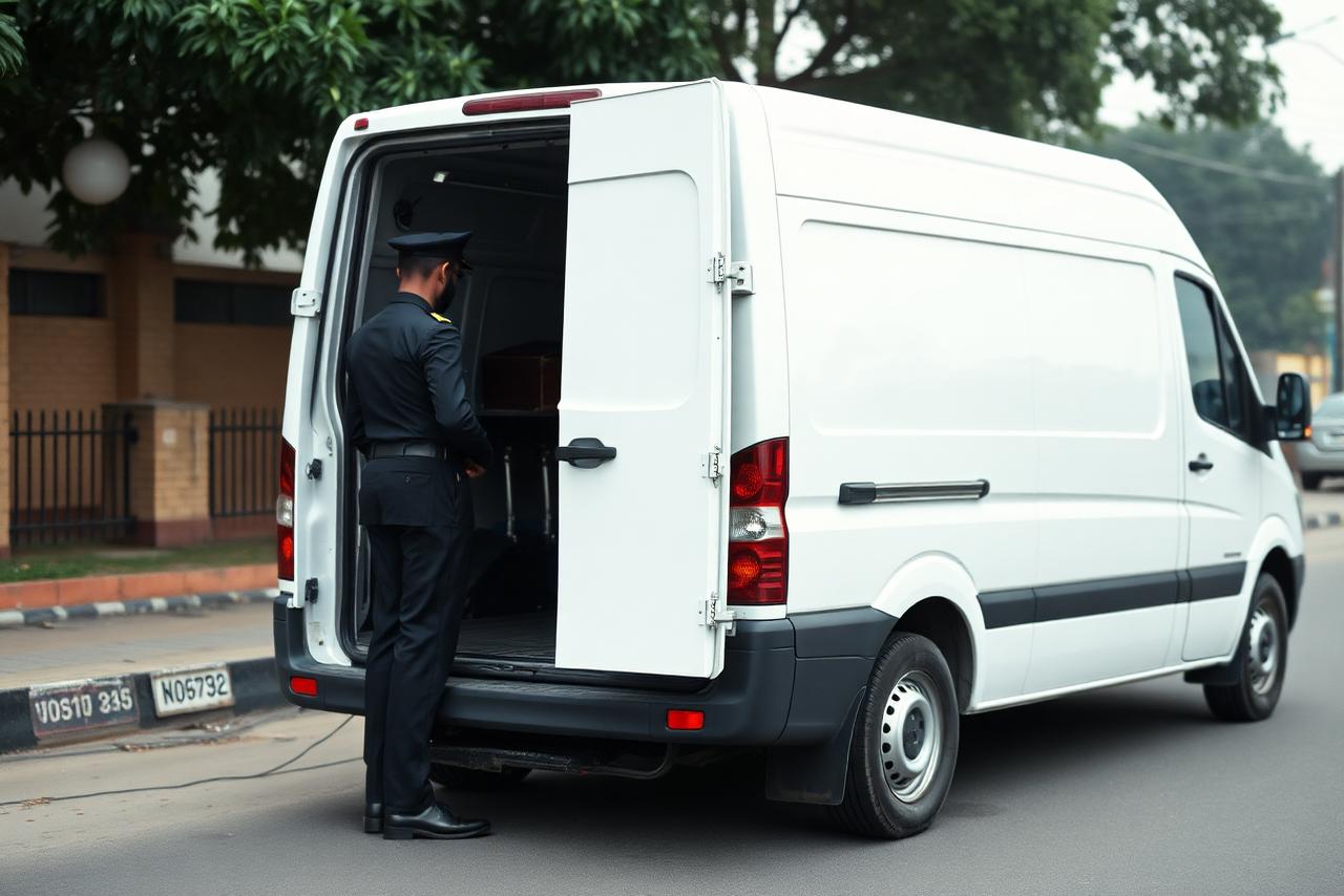 Attendant beside a clean, dignified mortuary transport vehicle on an Indian street.