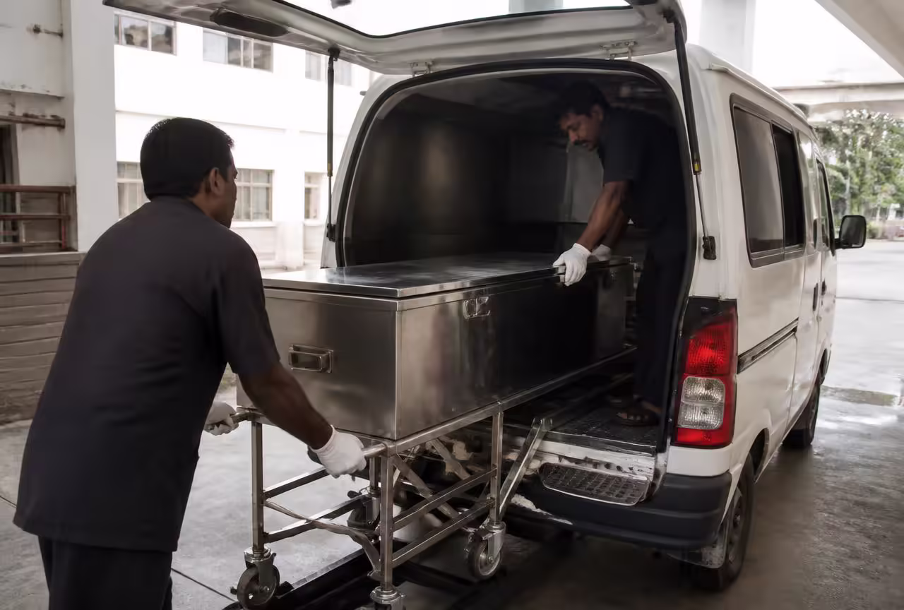 Two Indian attendants carefully loading a stainless steel mortuary freezer box into a white mortuary ambulance at a hospital service bay.