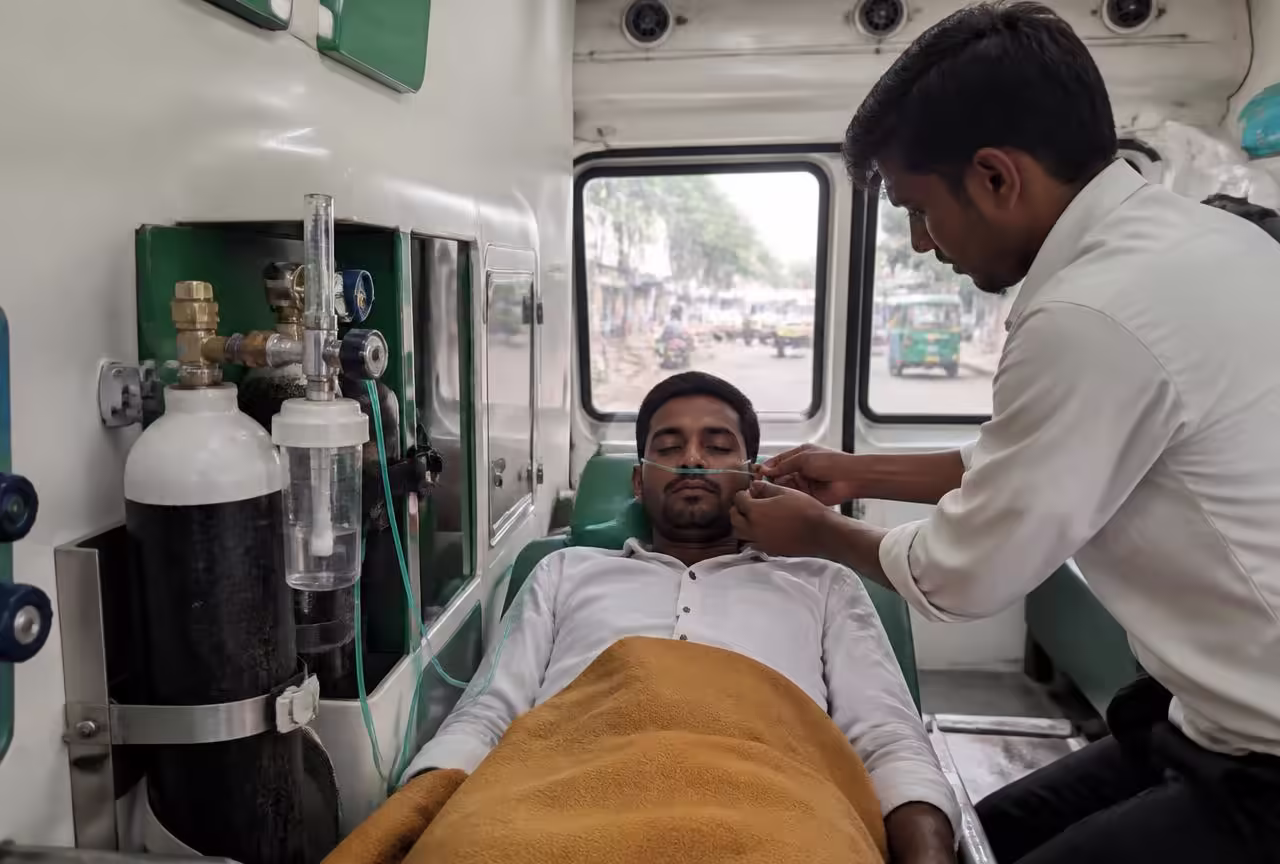 Oxygen ambulance interior in Ahmedabad with cylinders and a flow meter as an Indian attendant fits a nasal oxygen cannula to a patient.