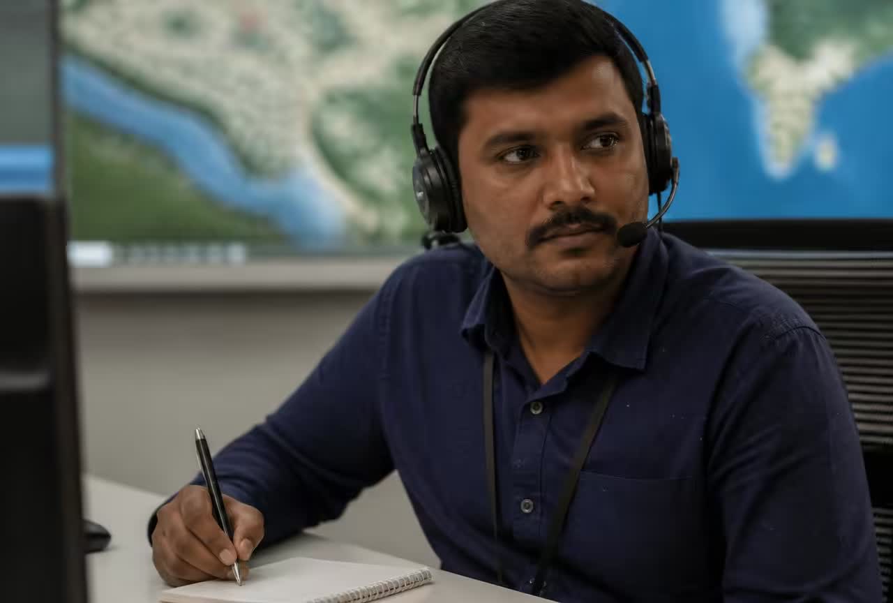 Coordinator wearing a headset taking an ambulance enquiry at a coordination desk in India.