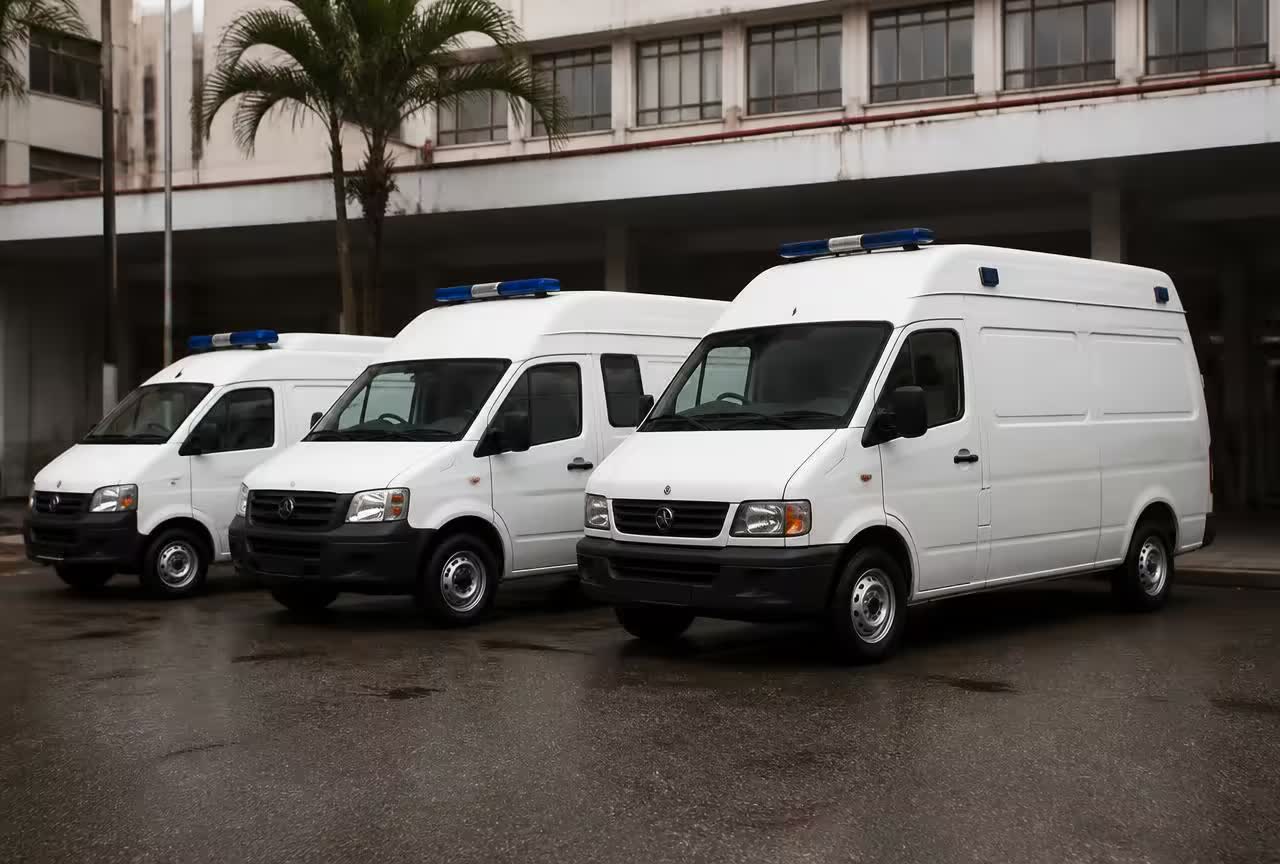 Three ambulances of different sizes parked side by side at a hospital bay.