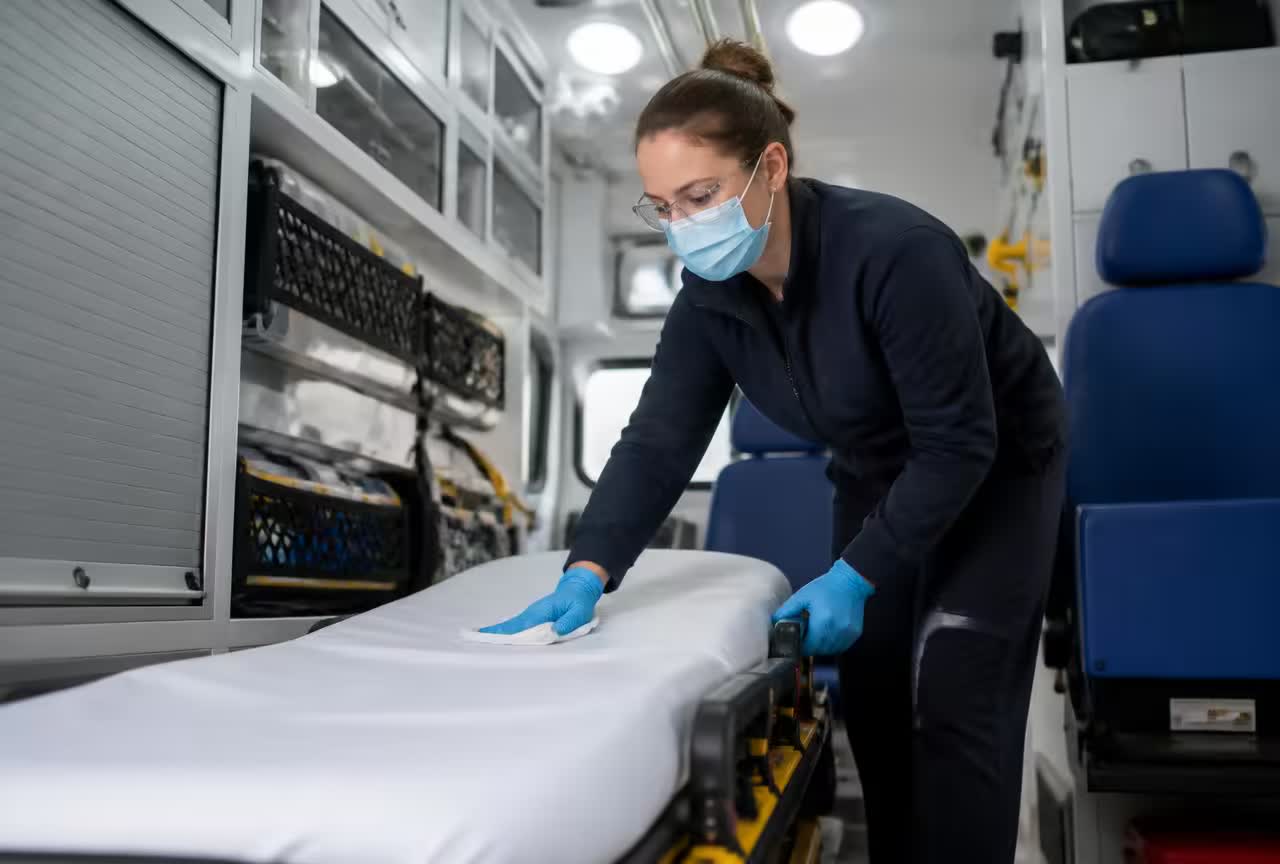 Attendant in gloves and mask disinfecting an ambulance stretcher between journeys.
