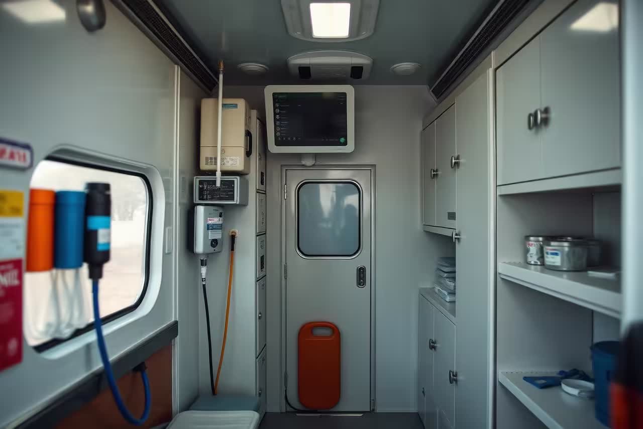 Organised ambulance interior showing monitor, oxygen and stocked supply cabinets.
