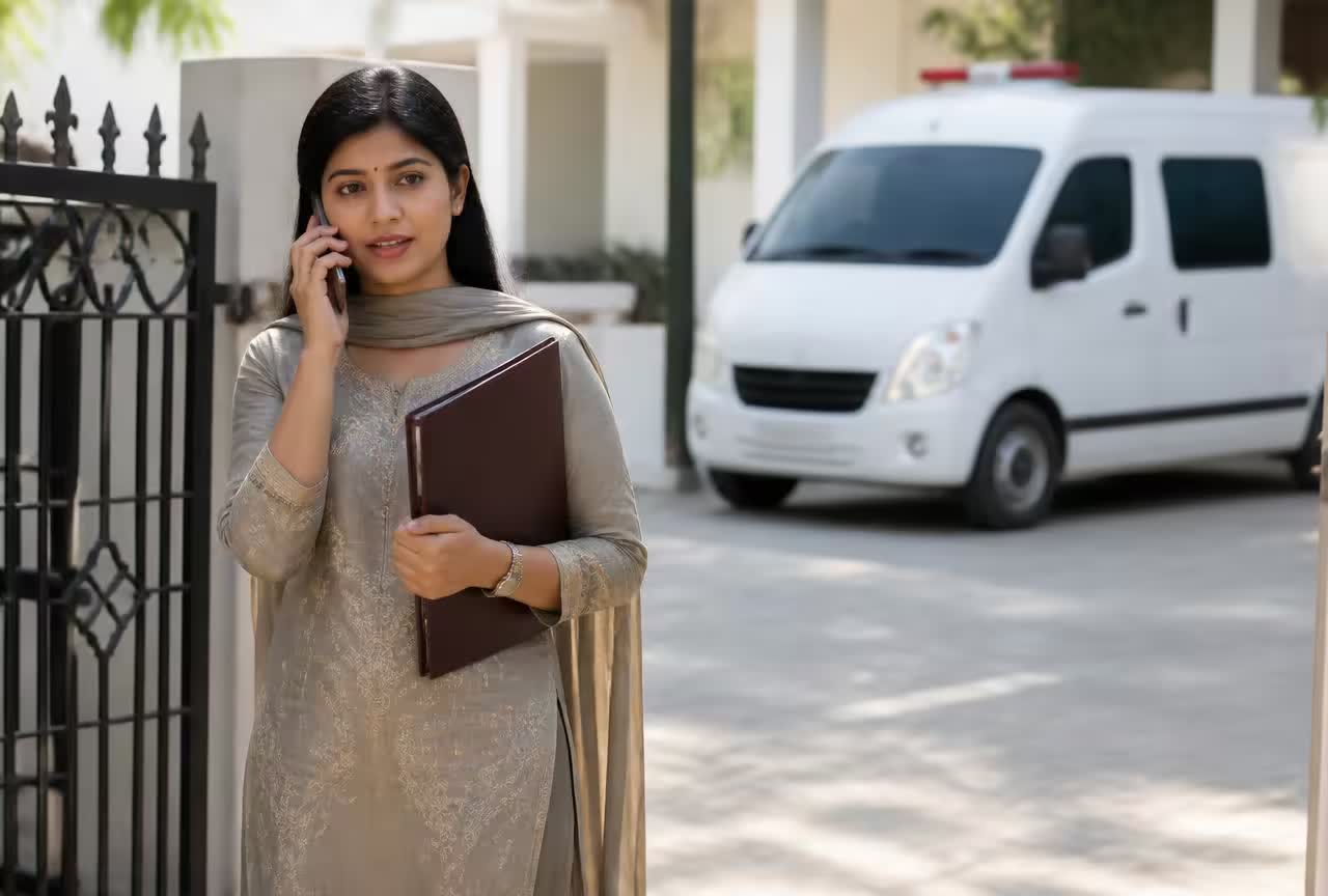 Family member on a phone call at a residential gate while an ambulance waits outside.