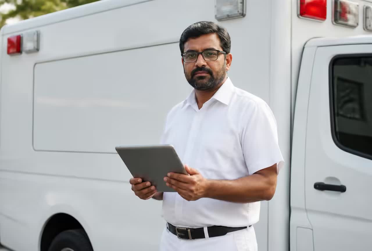 Ambulance owner holding a tablet beside his vehicle.
