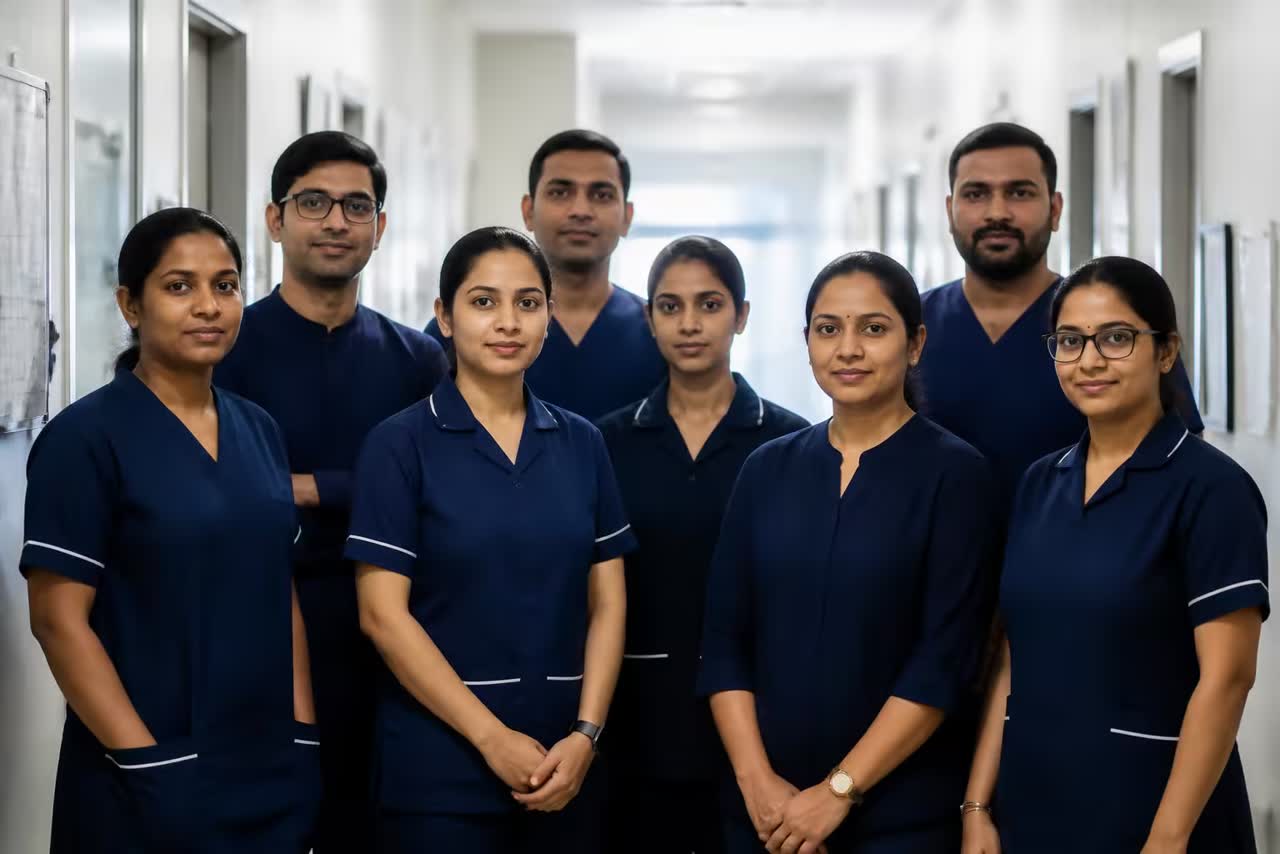 Group of Indian paramedics, nurses and coordinators standing in a hospital corridor.