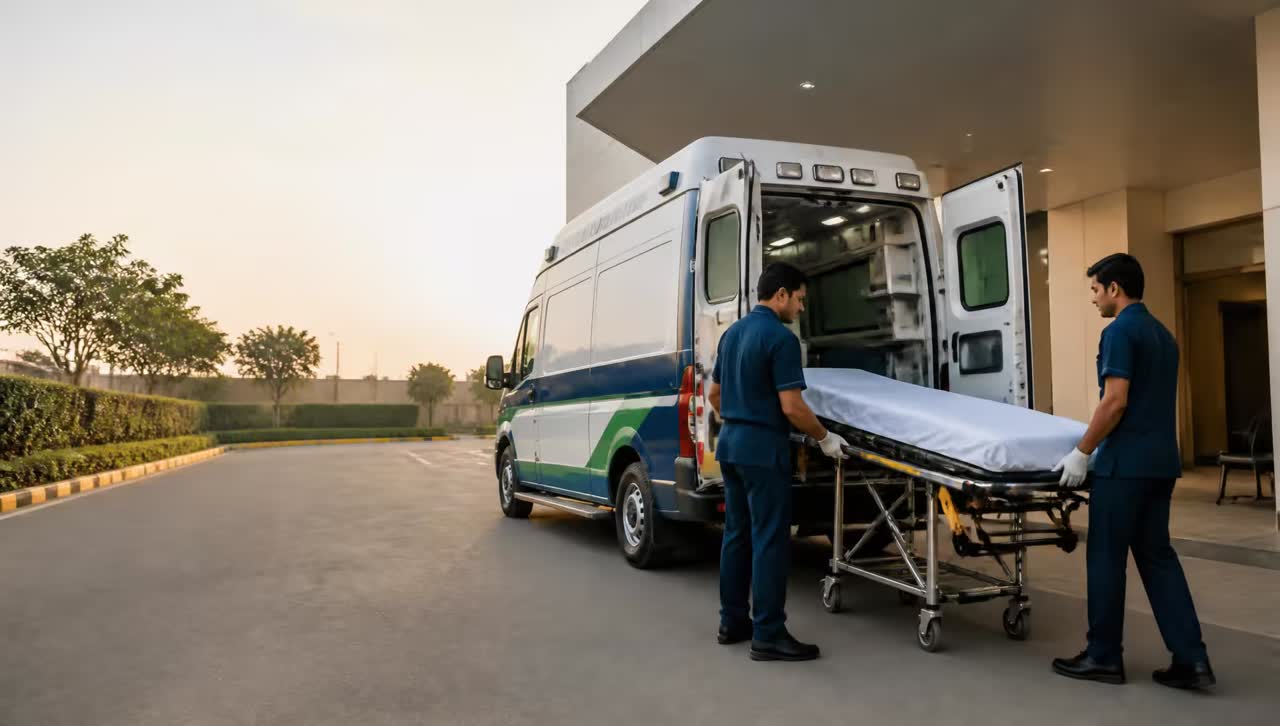 Tenmed Network ambulance on an emergency transfer in Gurugram, Delhi NCR