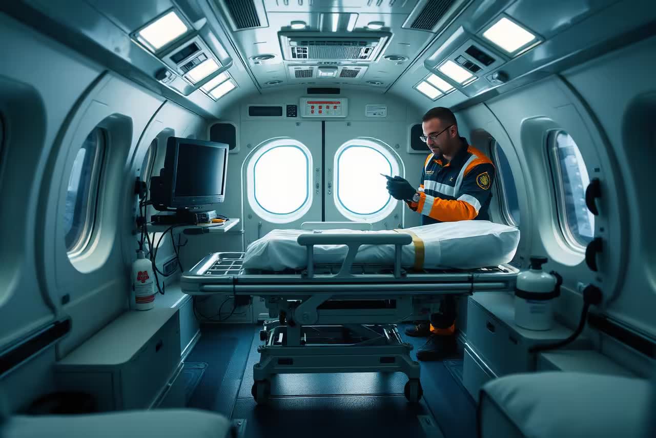 Secured stretcher and monitoring equipment inside a medically configured aircraft cabin.