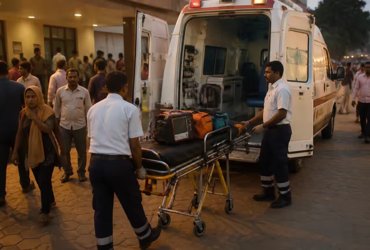 Indian paramedics loading a stretcher with a defibrillator and airway kit into an Advanced Life Support ambulance at a hospital entrance.