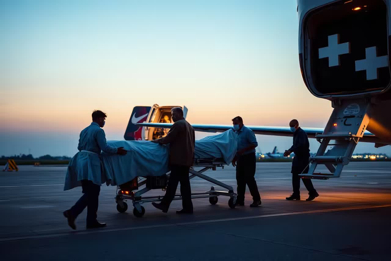 Clinical team moving a covered patient from a ground ambulance towards an aircraft.