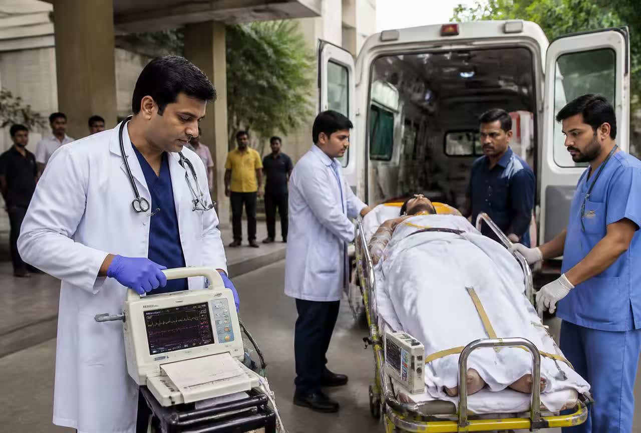 Indian cardiac-care team with an ECG machine and defibrillator moving a patient into a cardiac ambulance at a hospital.