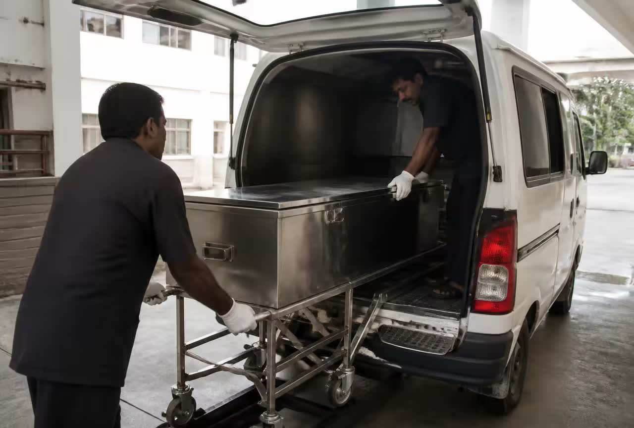 Two Indian attendants carefully loading a stainless steel mortuary freezer box into a white mortuary ambulance at a hospital service bay.