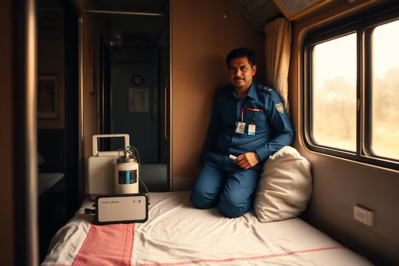 Medical escort with portable oxygen beside a berth in an Indian rail compartment.