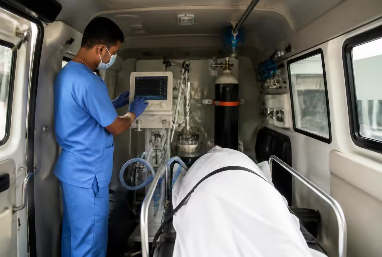 Indian respiratory therapist adjusting a transport ventilator beside a secured stretcher inside a ventilator ambulance.